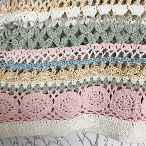VINTAGE Cottage Crochet Open Knit Linen Blend Sweater Medium Spring Pastel - Picture 2 of 13
